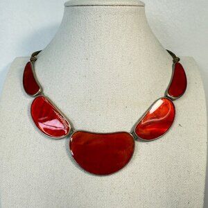 Karma Bella Enamel Disc Statement Necklace Orange Gold-Tone Signed Funky Artsy